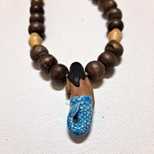 Hand-made Half wood beaded necklace with Dark haired mermaid - Image 6