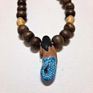 Hand-made Half wood beaded necklace with Dark haired mermaid - Image 7