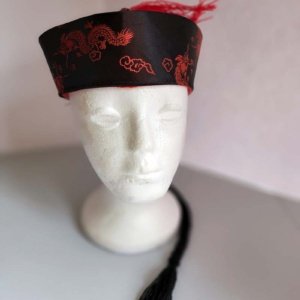 Red and Black Dragon insignia Chinese Hat with Fold and Red Yarn, Black Hair Tail - Image 7