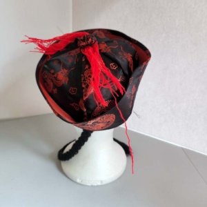 Red and Black Dragon insignia Chinese Hat with Fold and Red Yarn, Black Hair Tail - Image 9