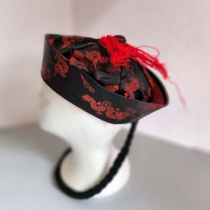 Red and Black Dragon insignia Chinese Hat with Fold and Red Yarn, Black Hair Tail - Image 10