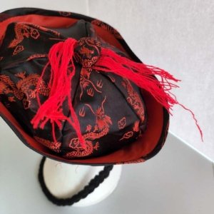 Red and Black Dragon insignia Chinese Hat with Fold and Red Yarn, Black Hair Tail - Image 11