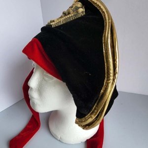 Black Velvet Buccaneer Pirate Hat with Red ties and gold trim Skull Insignia - Image 4