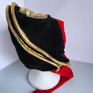 Black Velvet Buccaneer Pirate Hat with Red ties and gold trim Skull Insignia - Image 6