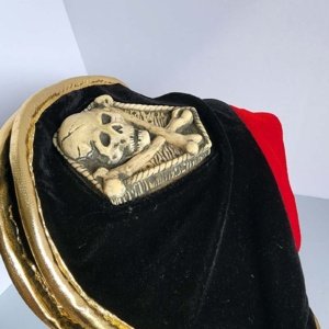 Black Velvet Buccaneer Pirate Hat with Red ties and gold trim Skull Insignia - Image 7