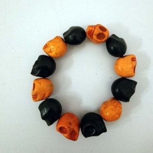 Large Black and Orange Magnesite Skull Bead Bracelet Elastic - Image 4