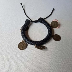 Woven black leather adjustable bracelet with 5 dangling coin charms - Image 2