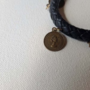 Woven black leather adjustable bracelet with 5 dangling coin charms - Image 3