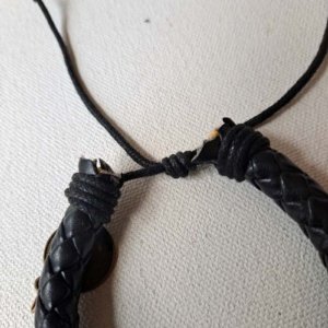 Woven black leather adjustable bracelet with 5 dangling coin charms - Image 4