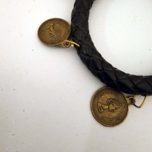 Woven black leather adjustable bracelet with 5 dangling coin charms - Image 8