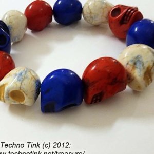 Large Red White Blue Magnesite Skull Bead Bracelet Elastic - Image 4