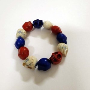 Large Red White Blue Magnesite Skull Bead Bracelet Elastic - Image 5