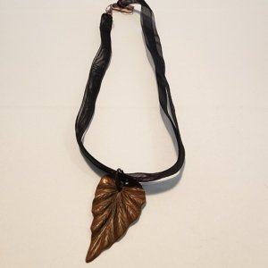 Bronze colored Leaf Pendant on Black Ribbon Choker - Image 2