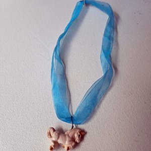 Blue Ribbon Choker with Glazed white Ceramic Unicorn Charm - Image 2