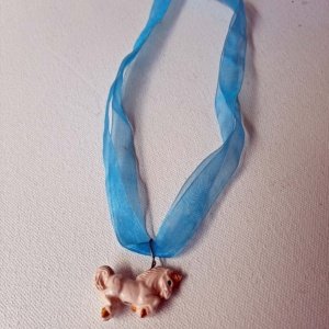 Blue Ribbon Choker with Glazed white Ceramic Unicorn Charm - Image 3