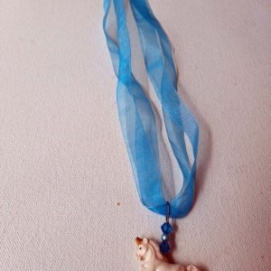 Blue Ribbon Choker with Glazed white Ceramic Unicorn Charm - Image 7