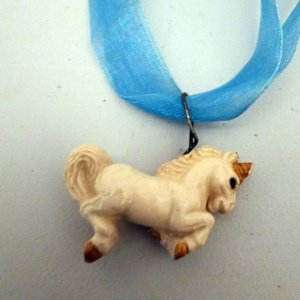 Blue Ribbon Choker with Glazed white Ceramic Unicorn Charm - Image 12