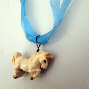 Blue Ribbon Choker with Glazed white Ceramic Unicorn Charm - Image 13