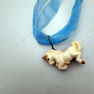 Blue Ribbon Choker with Glazed white Ceramic Unicorn Charm - Image 14