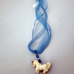 Blue Ribbon Choker with Glazed white Ceramic Unicorn Charm - Image 18