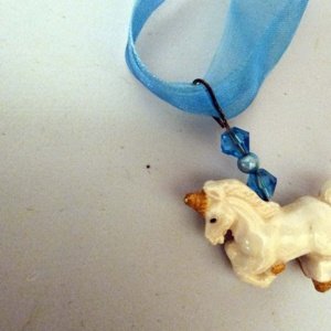 Blue Ribbon Choker with Glazed white Ceramic Unicorn Charm - Image 20