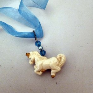 Blue Ribbon Choker with Glazed white Ceramic Unicorn Charm - Image 23