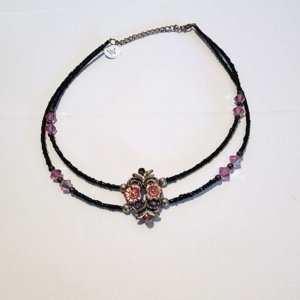 1 Double strand pink and black beaded dual-rose center piece choker - Image 7