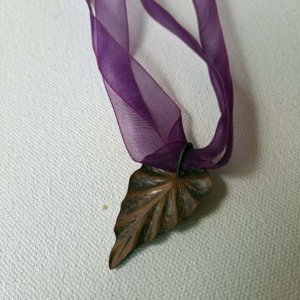 Bronze colored Leaf Pendant on Purple Ribbon Choker - Image 12