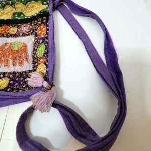 Embroidered and stitched Elephant Purple Satchel Bag Purse  and hand-sewn floral patterns - Image 4
