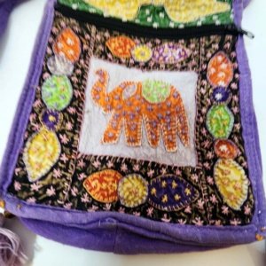 Embroidered and stitched Elephant Purple Satchel Bag Purse  and hand-sewn floral patterns - Image 6