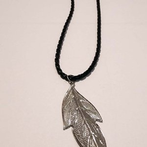 Pewter Hollow Long Cast Leaf Pendant on black braided leather necklace - Image 10