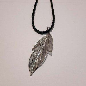 Pewter Hollow Long Cast Leaf Pendant on black braided leather necklace - Image 12