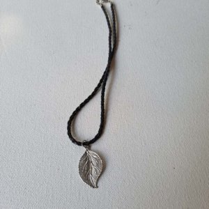 Pewter Hollow Medium Cast Leaf Pendant on black braided leather necklace - Image 9