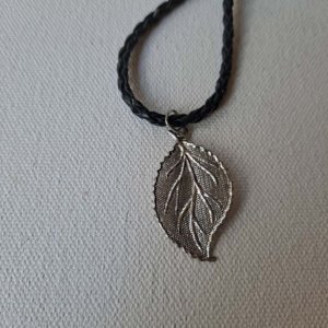 Pewter Hollow Medium Cast Leaf Pendant on black braided leather necklace - Image 10