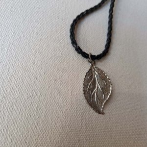 Pewter Hollow Medium Cast Leaf Pendant on black braided leather necklace - Image 11