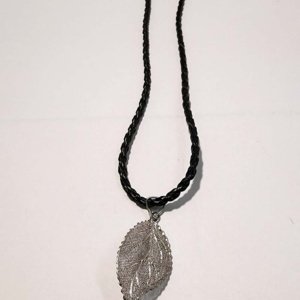 Pewter Hollow Medium Cast Leaf Pendant on black braided leather necklace - Image 12