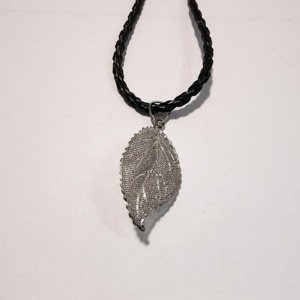 Pewter Hollow Medium Cast Leaf Pendant on black braided leather necklace - Image 13
