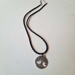 Pewter Hollow Tree-of-Life Circular Pendant on black braided leather necklace - Image 3