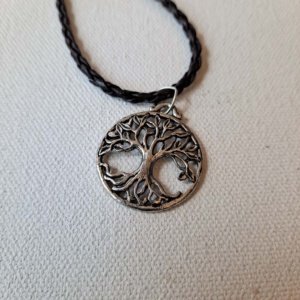Pewter Hollow Tree-of-Life Circular Pendant on black braided leather necklace - Image 4