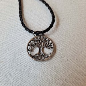 Pewter Hollow Tree-of-Life Circular Pendant on black braided leather necklace - Image 5