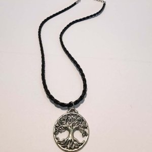 Pewter Hollow Tree-of-Life Circular Pendant on black braided leather necklace - Image 7