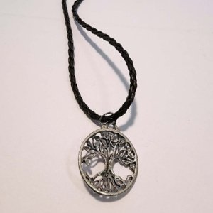 Pewter Hollow Tree-of-Life Circular Pendant on black braided leather necklace - Image 9