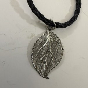 Silver Tone Pewter Mesh Filigree Oval Leaf Pendant Necklace Black Braided Cord