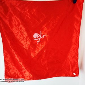 Shiny Red Scarf with solitary skull and swords emblem on it - Image 2
