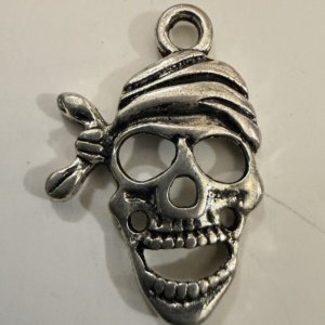 Pirate Skull Bandana Charm Pendant Antique Silver Pewter Openwork Jolly Roger