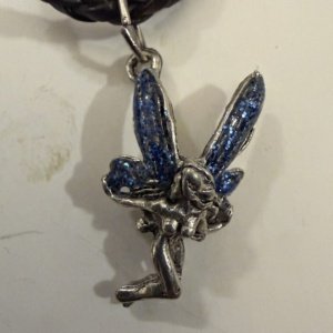 Kneeling Fairy Pendant Necklace Blue Glitter Wings Antique Pewter Black Cord