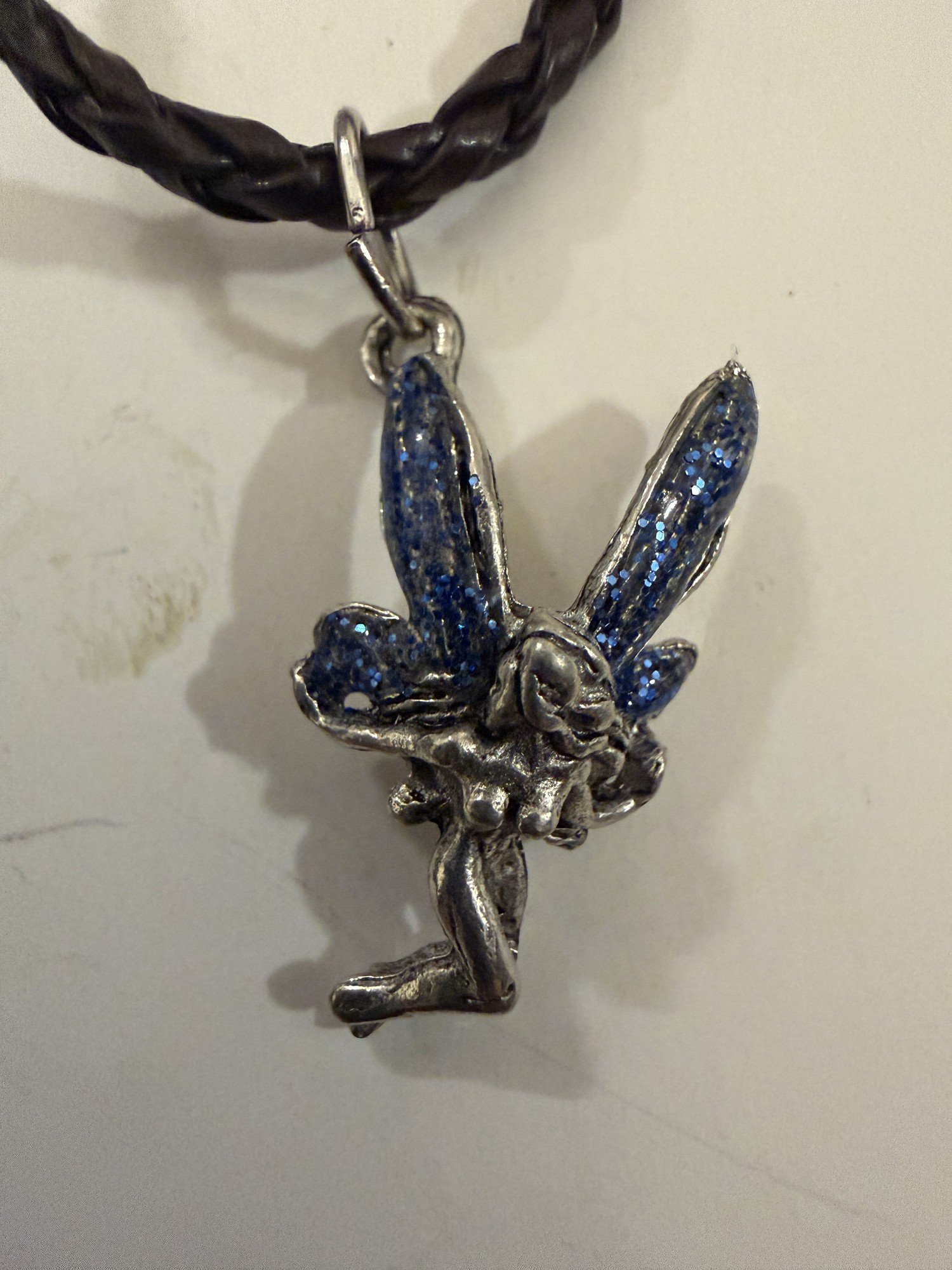 Kneeling Fairy Pendant Necklace Blue Glitter Wings Antique Pewter Black Cord