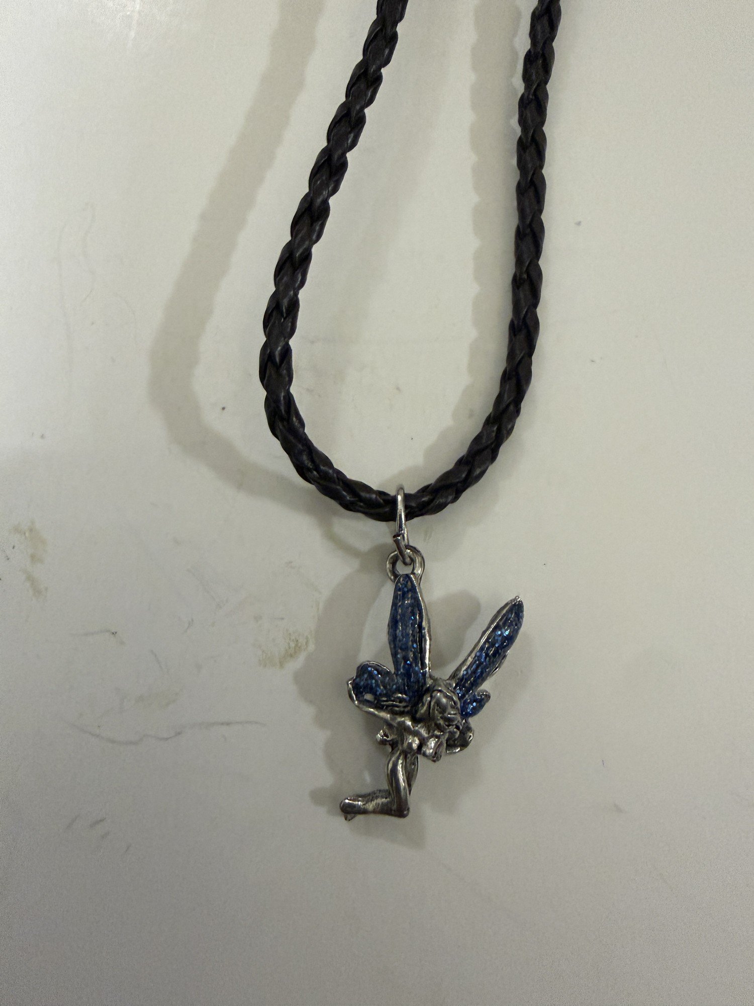 Kneeling Fairy Pendant Necklace Blue Glitter Wings Antique Pewter Black Cord - Image 2