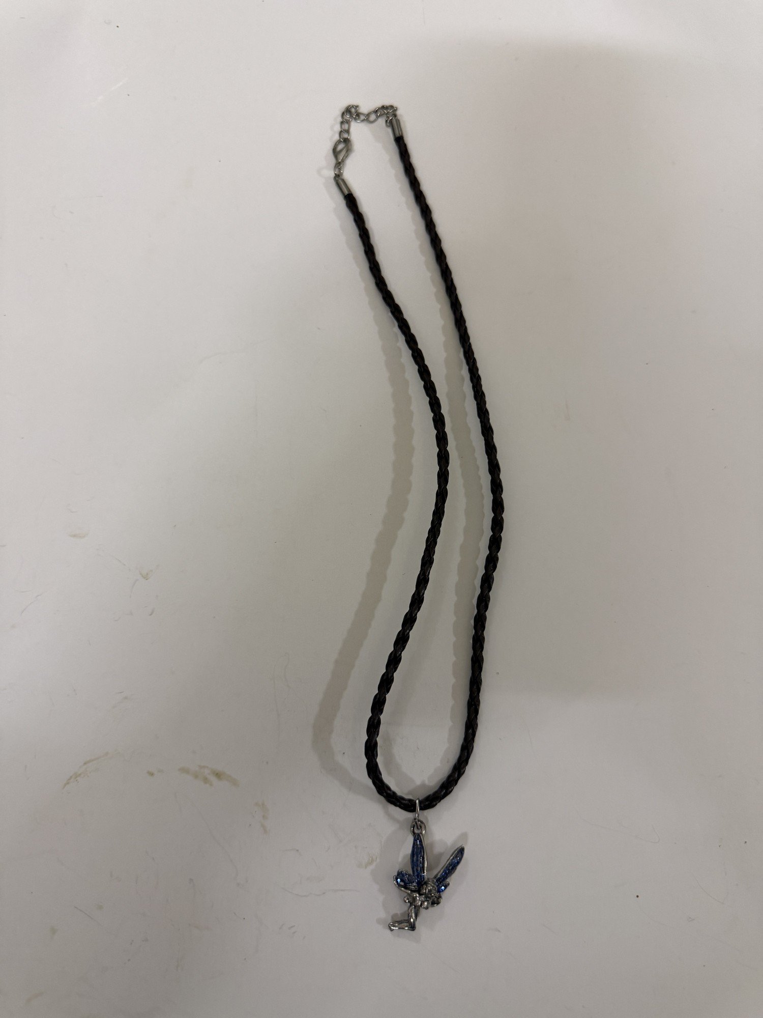 Kneeling Fairy Pendant Necklace Blue Glitter Wings Antique Pewter Black Cord - Image 3