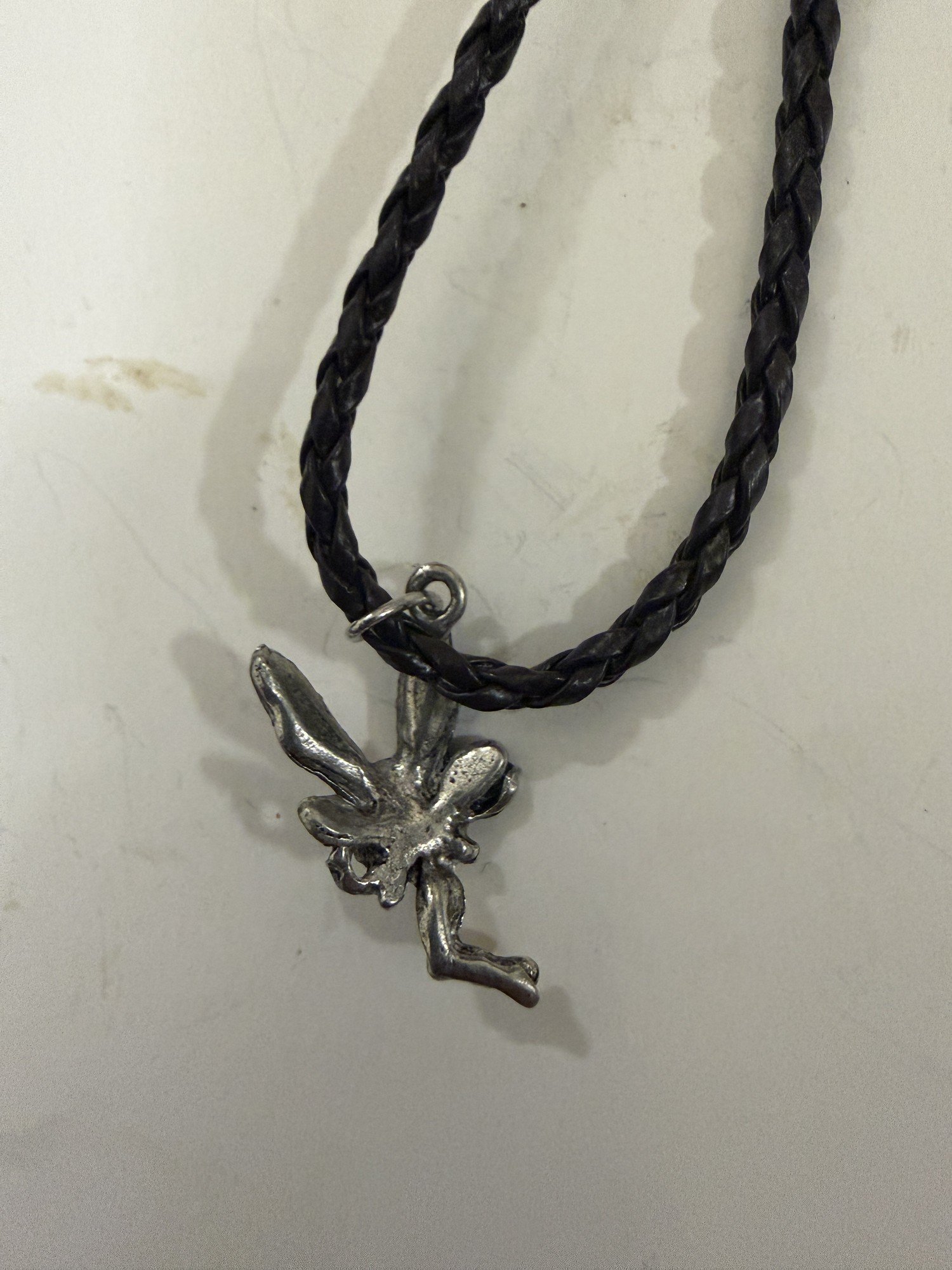 Kneeling Fairy Pendant Necklace Blue Glitter Wings Antique Pewter Black Cord - Image 4